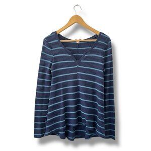 Arizona Jean Co Waffle Knit Top Women M Blue Stripe Long Sleeve Casual Stretch